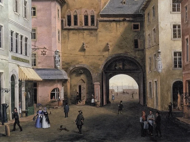 1814-Heinrich Kempf - Veduta della Torre dei Pesci di Magonza dal lato della città, intorno al 1840